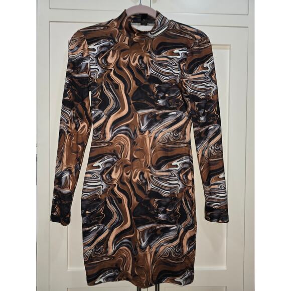 Shein Brown Marble Swirl Mock Neck Bodycon Dress – Size Medium - Picture 2 of 8